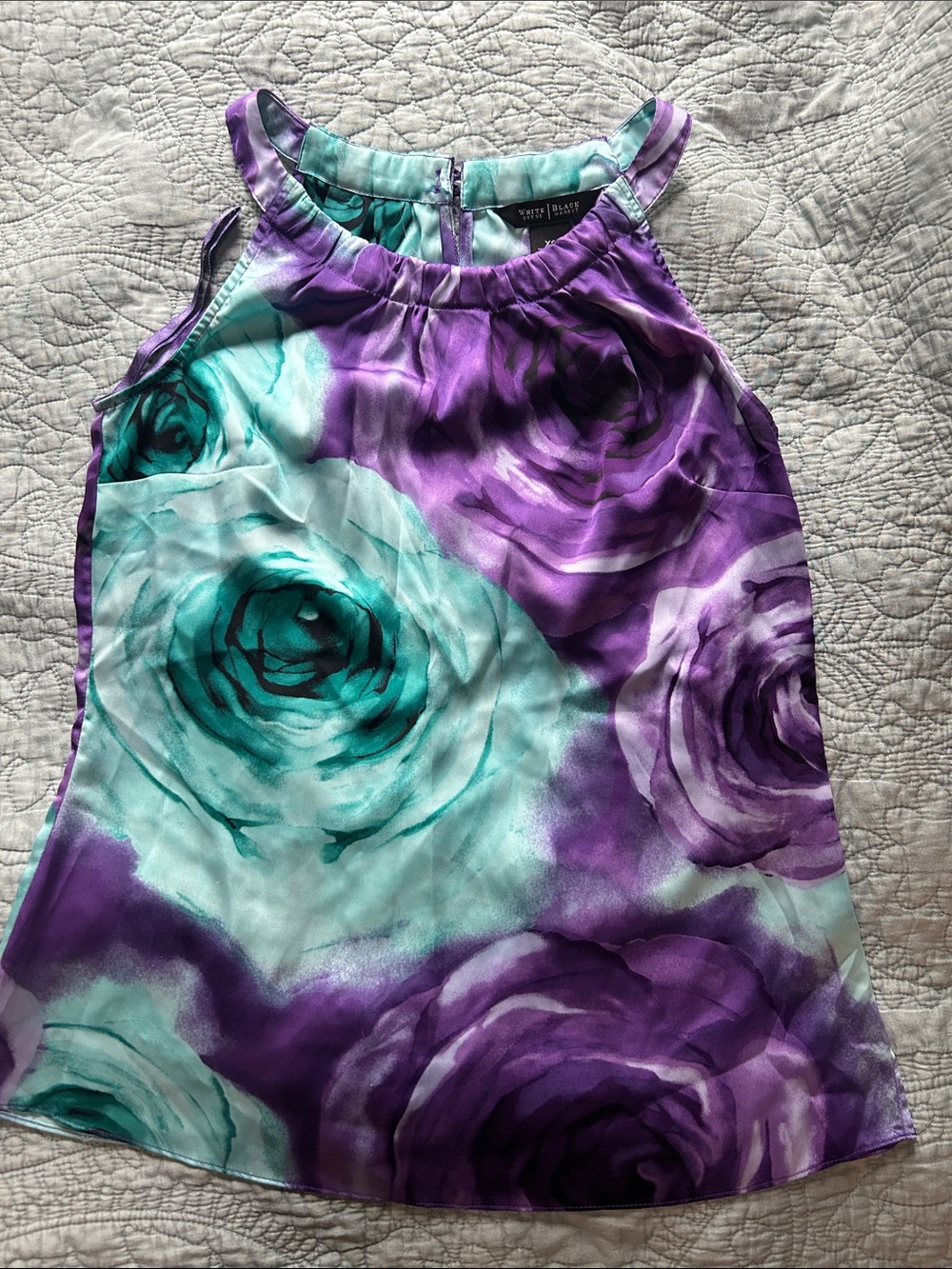 White House Black Market Purple & Teal Floral Satin Halter Tank XS